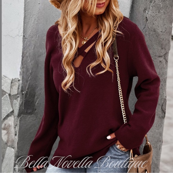 Burgundy Red Criss Cross V Neck Sweater - Picture 3 of 6